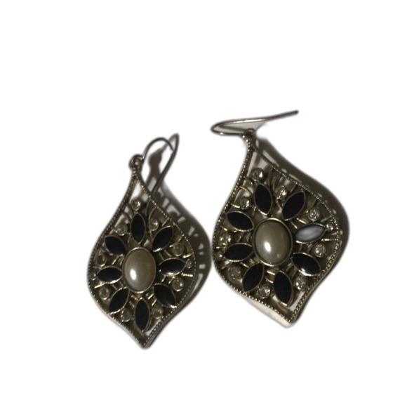 Pearl, Rhinestone, Black Onyx Earrings - Picture 2 of 3